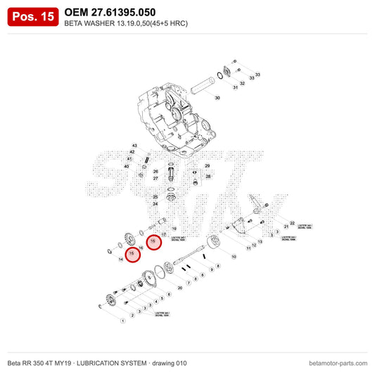BETA WASHER 13.19.0,50(45+5 HRC) – OEM 27.61395.050, position 15 on the Beta RR 350 4T MY19 lubrication system drawing