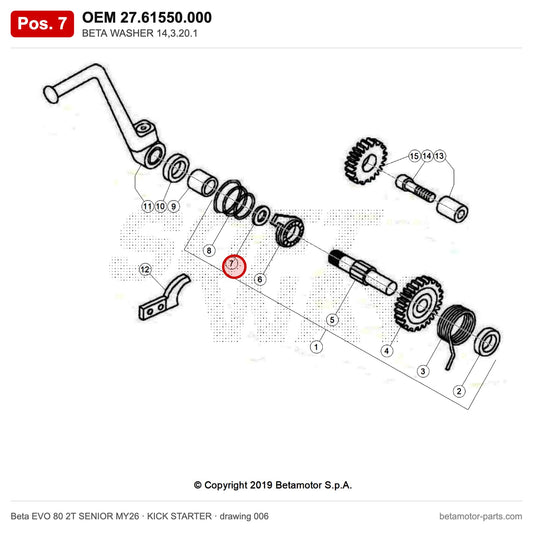 BETA WASHER 14,3.20.1 – OEM 27.61550.000, position 7 on the Beta EVO 80 2T SENIOR MY26 kick starter drawing
