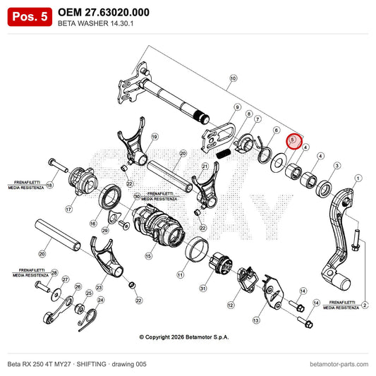 BETA WASHER 14.30.1 – OEM 27.63020.000, position 5 on the Beta RX 250 4T MY27 shifting drawing