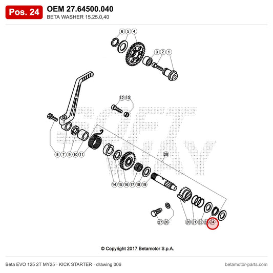 BETA WASHER 15.25.0,40 – OEM 27.64500.040, position 24 on the Beta EVO 125 2T MY25 kick starter drawing