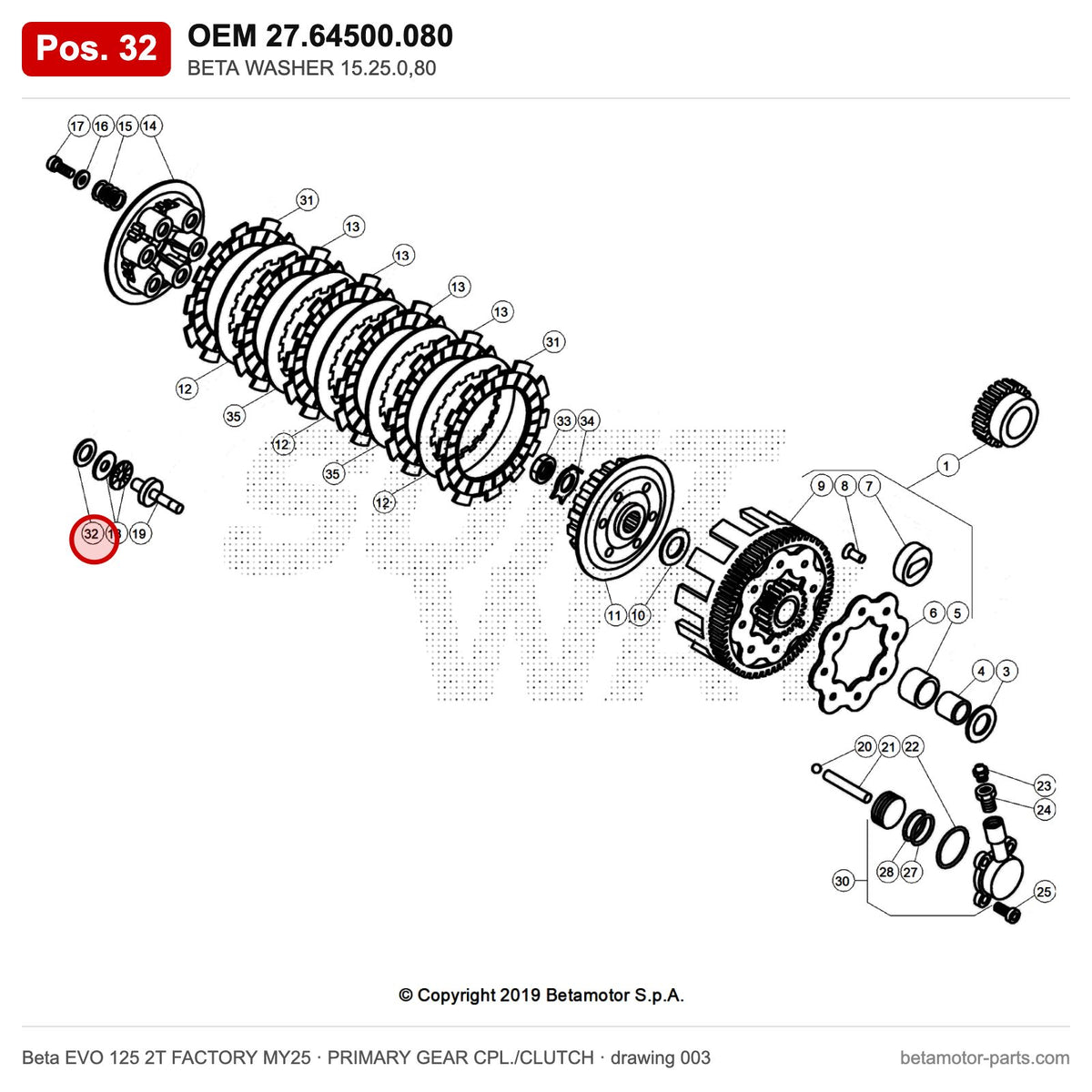 BETA WASHER 15.25.0,80 – OEM 27.64500.080, position 32 on the Beta EVO 125 2T FACTORY MY25 primary gear cpl./clutch drawing
