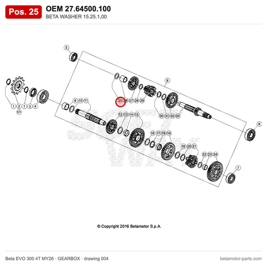 BETA WASHER 15.25.1,00 – OEM 27.64500.100, position 25 on the Beta EVO 300 4T MY26 gearbox drawing