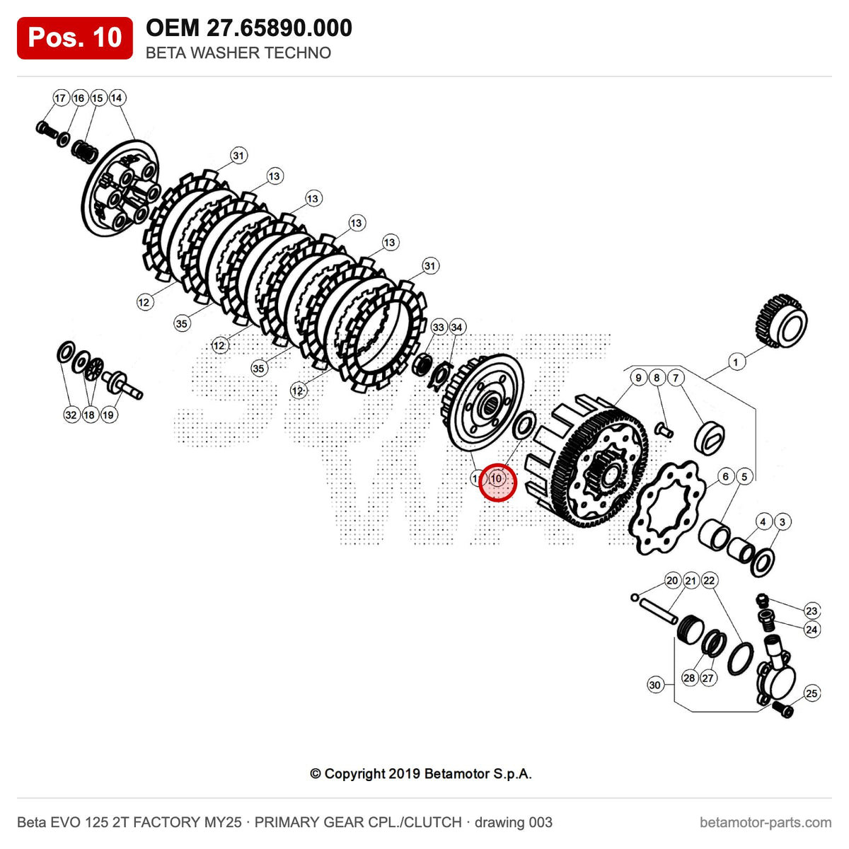 BETA WASHER TECHNO – OEM 27.65890.000, position 10 on the Beta EVO 125 2T FACTORY MY25 primary gear cpl./clutch drawing