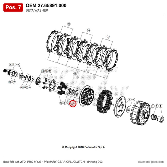 BETA WASHER – OEM 27.65891.000, position 7 on the Beta RR 125 2T X-PRO MY27 primary gear cpl./clutch drawing