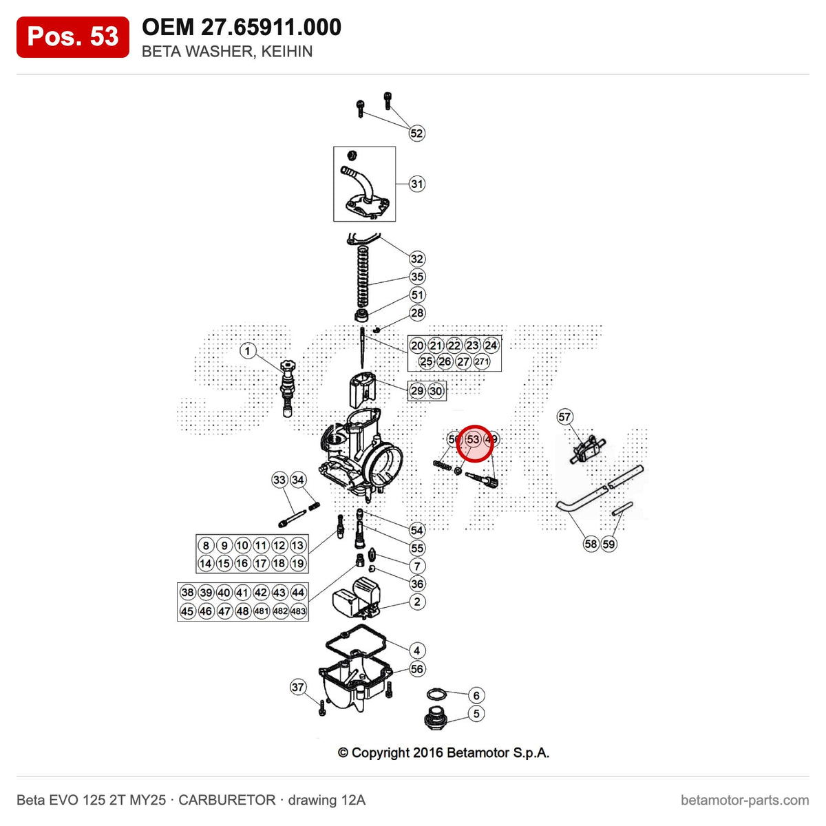 BETA WASHER, KEIHIN – OEM 27.65911.000, position 53 on the Beta EVO 125 2T MY25 carburetor drawing