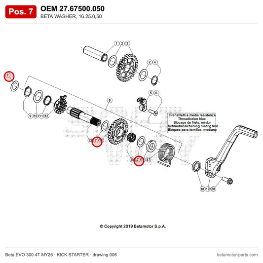 BETA WASHER, 16.25.0,50 – OEM 27.67500.050, position 7 on the Beta EVO 300 4T MY26 kick starter drawing