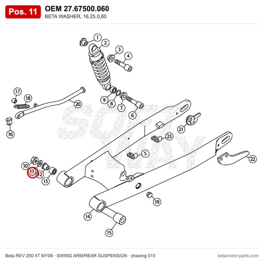 BETA WASHER, 16.25.0,60 – OEM 27.67500.060, position 11 on the Beta REV 250 4T MY08 swing arm/rear suspension drawing