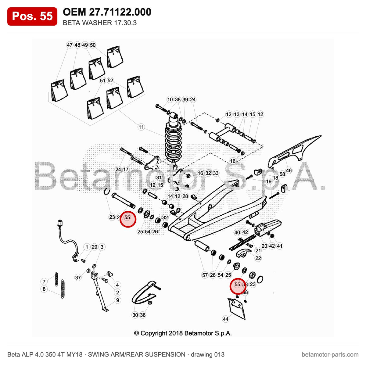 BETA WASHER 17.30.3 – OEM 27.71122.000, position 55 on the Beta ALP 4.0 350 4T MY18 swing arm/rear suspension drawing