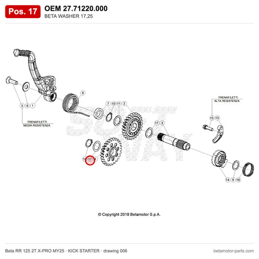 BETA WASHER 17,25 – OEM 27.71220.000, position 17 on the Beta RR 125 2T X-PRO MY25 kick starter drawing