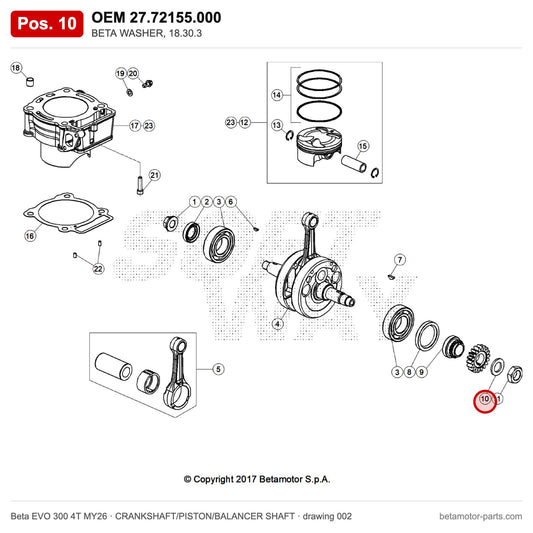 BETA WASHER, 18.30.3 – OEM 27.72155.000, position 10 on the Beta EVO 300 4T MY26 crankshaft/piston/balancer shaft drawing