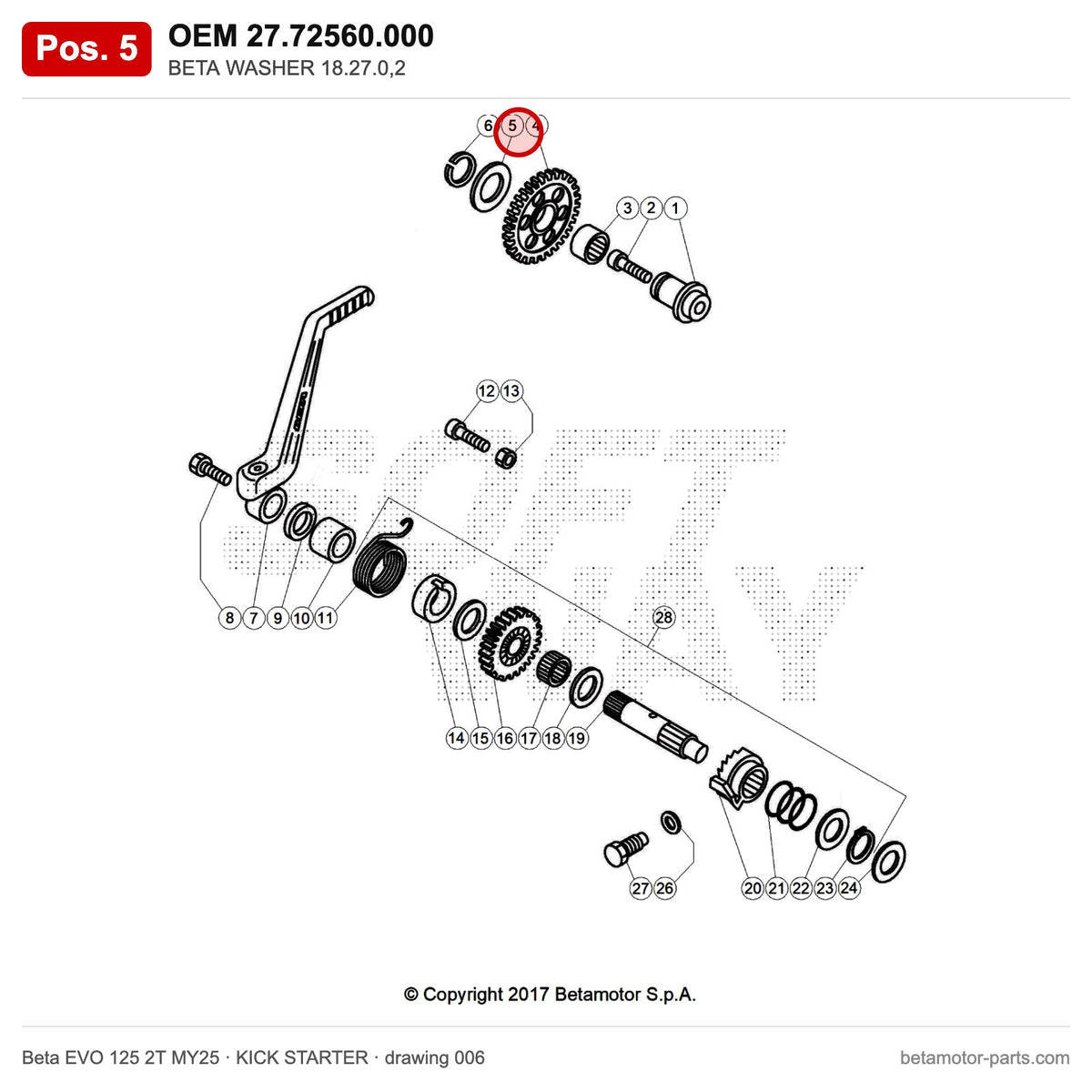 BETA WASHER 18.27.0,2 – OEM 27.72560.000, position 5 on the Beta EVO 125 2T MY25 kick starter drawing
