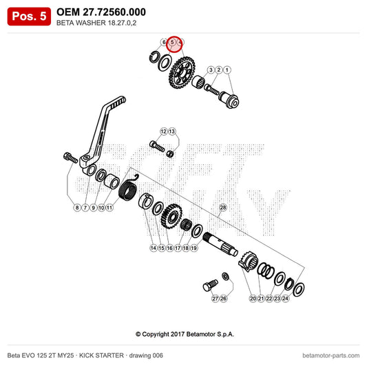 BETA WASHER 18.27.0,2 – OEM 27.72560.000, position 5 on the Beta EVO 125 2T MY25 kick starter drawing