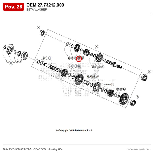BETA WASHER – OEM 27.73212.000, position 28 on the Beta EVO 300 4T MY26 gearbox drawing