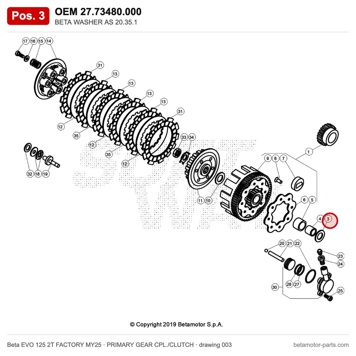 BETA WASHER AS 20.35.1 – OEM 27.73480.000, position 3 on the Beta EVO 125 2T FACTORY MY25 primary gear cpl./clutch drawing