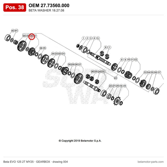 BETA WASHER 18.27.08 – OEM 27.73560.000, position 38 on the Beta EVO 125 2T MY25 gearbox drawing