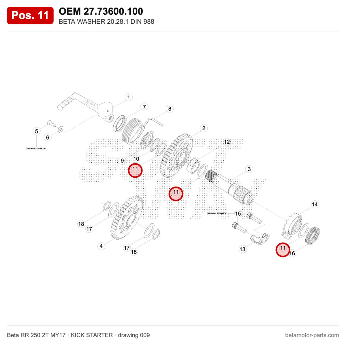 BETA WASHER 20.28.1 DIN 988 – OEM 27.73600.100, position 11 on the Beta RR 250 2T MY17 kick starter drawing