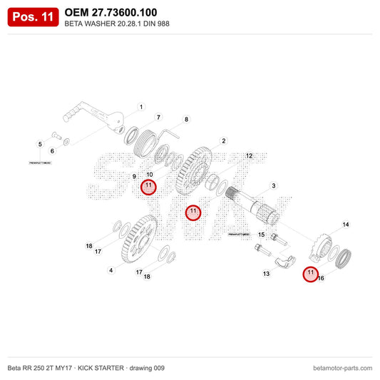 BETA WASHER 20.28.1 DIN 988 – OEM 27.73600.100, position 11 on the Beta RR 250 2T MY17 kick starter drawing
