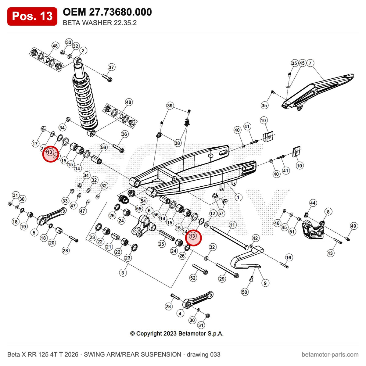 BETA WASHER 22.35.2 – OEM 27.73680.000, position 13 on the Beta X RR 125 4T T 2026 swing arm/rear suspension drawing