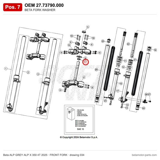 BETA FORK WASHER – OEM 27.73790.000, position 7 on the Beta ALP GREY ALP X 350 4T 2025 front fork drawing