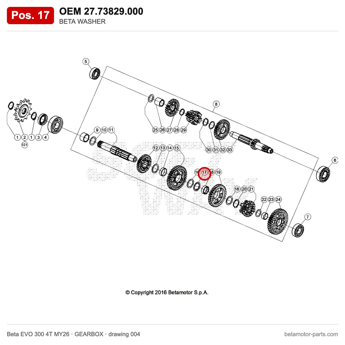 BETA WASHER – OEM 27.73829.000, position 17 on the Beta EVO 300 4T MY26 gearbox drawing