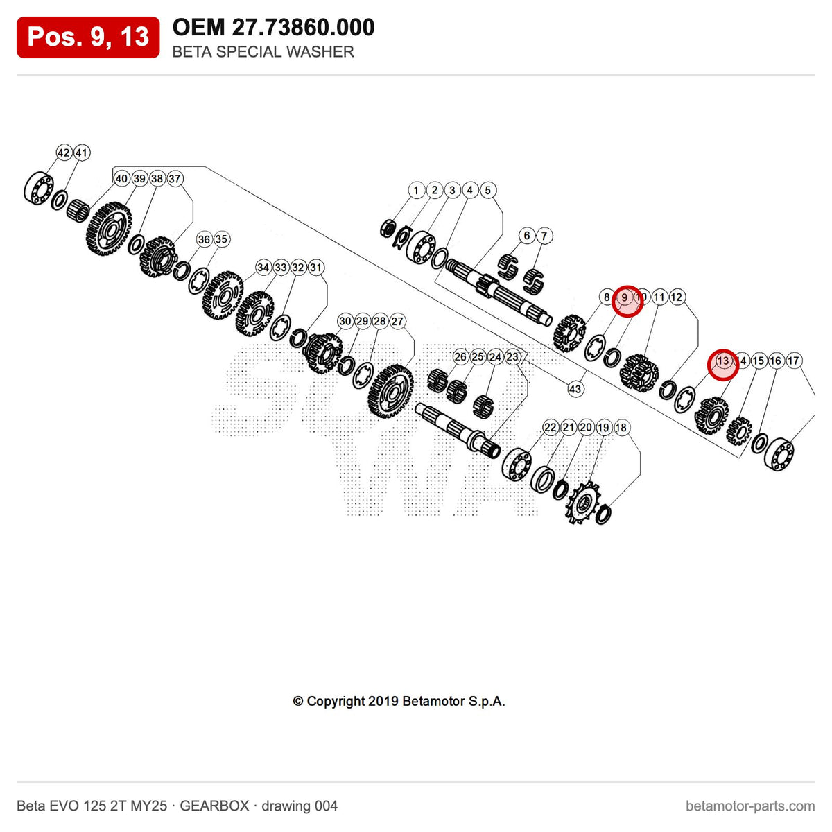BETA SPECIAL WASHER – OEM 27.73860.000, positions 9,13 on the Beta EVO 125 2T MY25 gearbox drawing