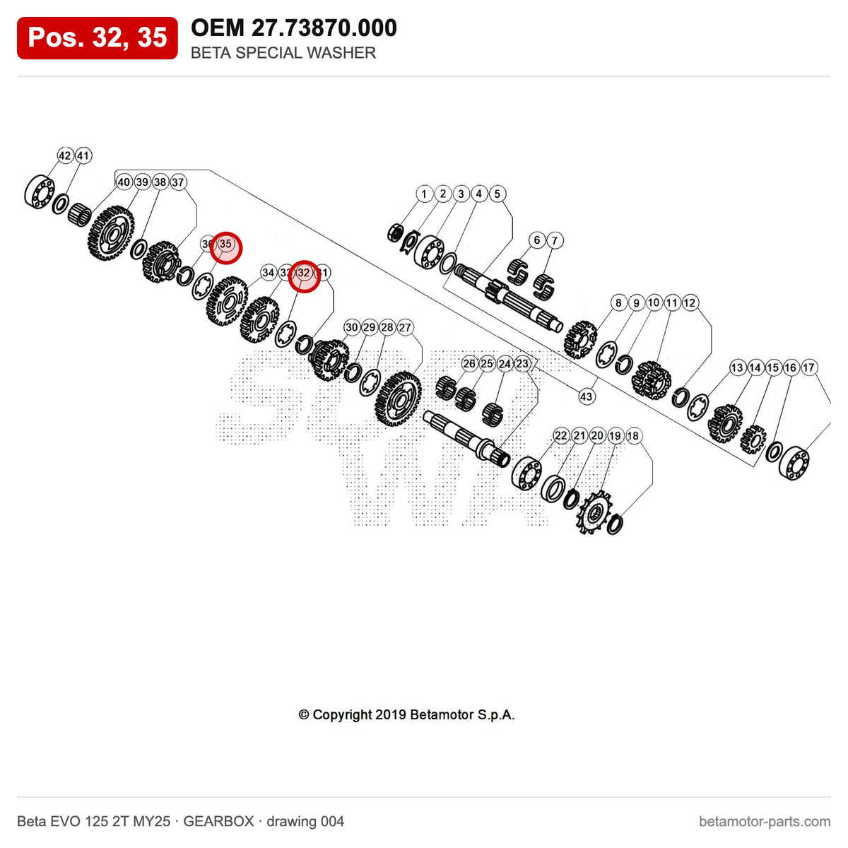 BETA SPECIAL WASHER – OEM 27.73870.000, positions 32,35 on the Beta EVO 125 2T MY25 gearbox drawing