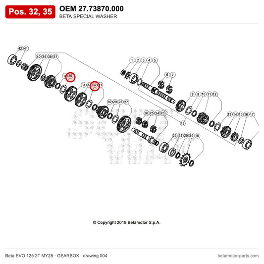 BETA SPECIAL WASHER – OEM 27.73870.000, positions 32,35 on the Beta EVO 125 2T MY25 gearbox drawing