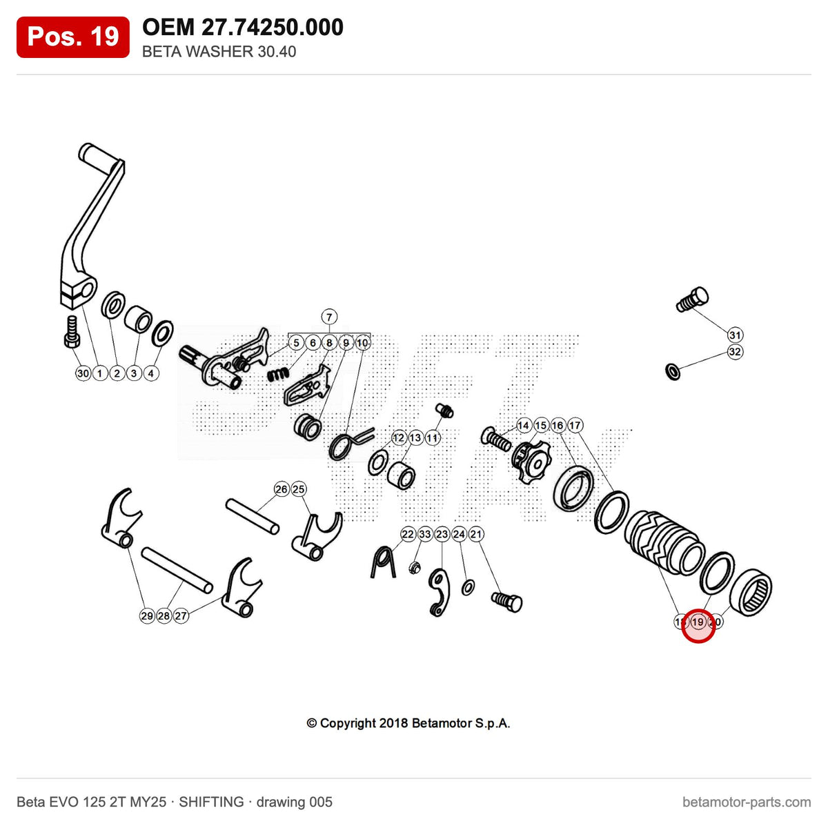 BETA WASHER 30.40 – OEM 27.74250.000, position 19 on the Beta EVO 125 2T MY25 shifting drawing