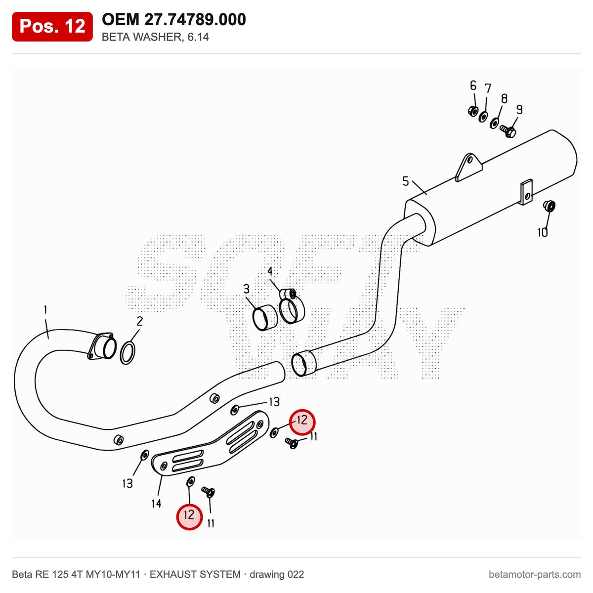 BETA WASHER, 6.14 – OEM 27.74789.000, position 12 on the Beta RE 125 4T MY10-MY11 exhaust system drawing