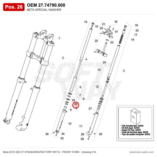 BETA SPECIAL WASHER – OEM 27.74790.000, position 26 on the Beta EVO 250 2T STANDARD/FACTORY MY13 front fork drawing