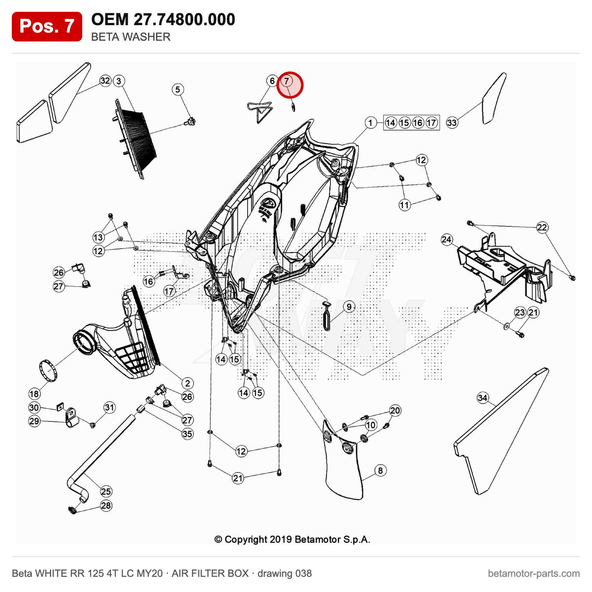 BETA WASHER – OEM 27.74800.000, position 7 on the Beta WHITE RR 125 4T LC MY20 air filter box drawing