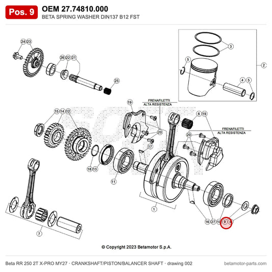 BETA SPRING WASHER DIN137 B12 FST – OEM 27.74810.000, position 9 on the Beta RR 250 2T X-PRO MY27 crankshaft/piston/balancer shaft drawing