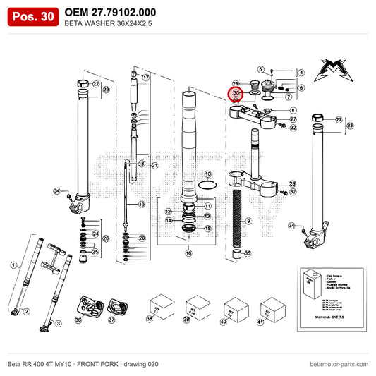 BETA WASHER 36X24X2,5 – OEM 27.79102.000, position 30 on the Beta RR 400 4T MY10 front fork drawing