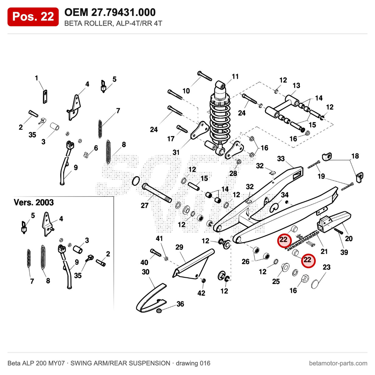 BETA ROLLER, ALP-4T/RR 4T – OEM 27.79431.000, position 22 on the Beta ALP 200 MY07 swing arm/rear suspension drawing