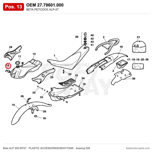 BETA PETCOCK ALP-4T – OEM 27.79601.000, position 13 on the Beta ALP 200 MY07 plastic accessories/seat/tank drawing