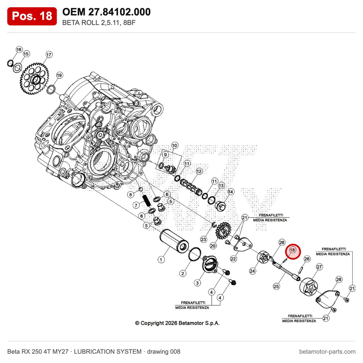 BETA ROLL 2,5.11, 8BF – OEM 27.84102.000, position 18 on the Beta RX 250 4T MY27 lubrication system drawing