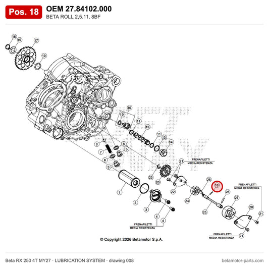 BETA ROLL 2,5.11, 8BF – OEM 27.84102.000, position 18 on the Beta RX 250 4T MY27 lubrication system drawing