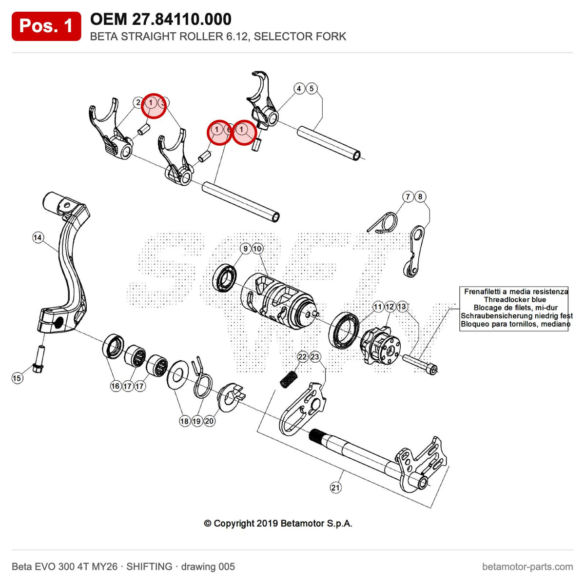 BETA STRAIGHT ROLLER 6.12, SELECTOR FORK – OEM 27.84110.000, position 1 on the Beta EVO 300 4T MY26 shifting drawing