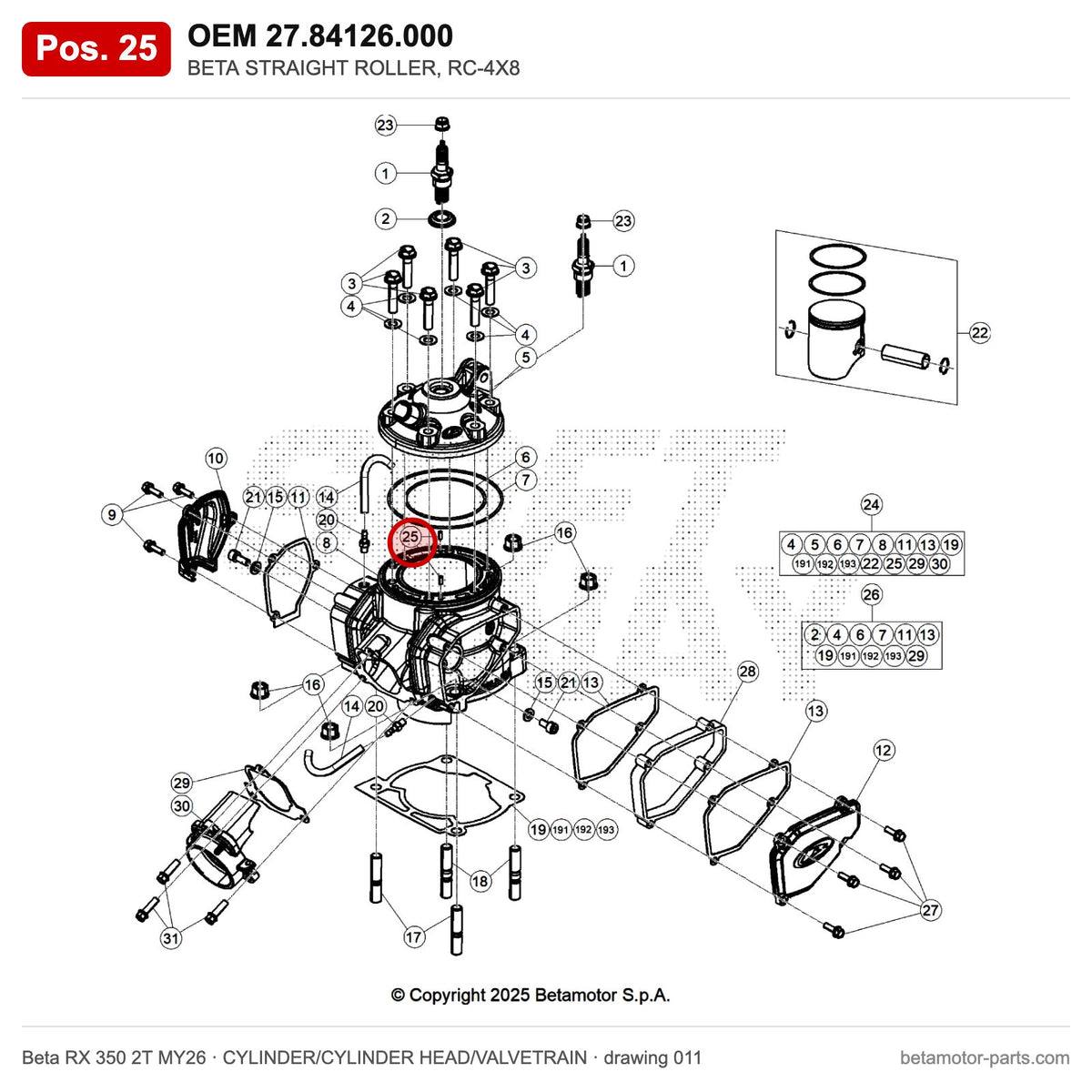 BETA STRAIGHT ROLLER, RC-4X8 – OEM 27.84126.000, position 25 on the Beta RX 350 2T MY26 cylinder/cylinder head/valvetrain drawing