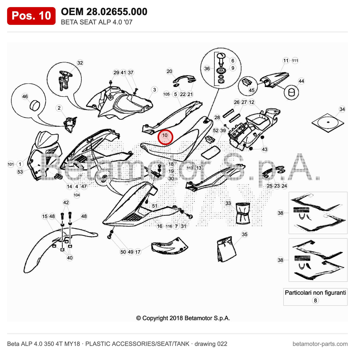 BETA SEAT ALP 4.0 '07 – OEM 28.02655.000, position 10 on the Beta ALP 4.0 350 4T MY18 plastic accessories/seat/tank drawing