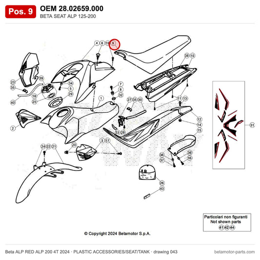 BETA SEAT ALP 125-200 – OEM 28.02659.000, position 9 on the Beta ALP RED ALP 200 4T 2024 plastic accessories/seat/tank drawing