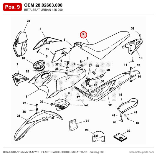 BETA SEAT URBAN 125-200 – OEM 28.02663.000, position 9 on the Beta URBAN 125 MY11-MY12 plastic accessories/seat/tank drawing