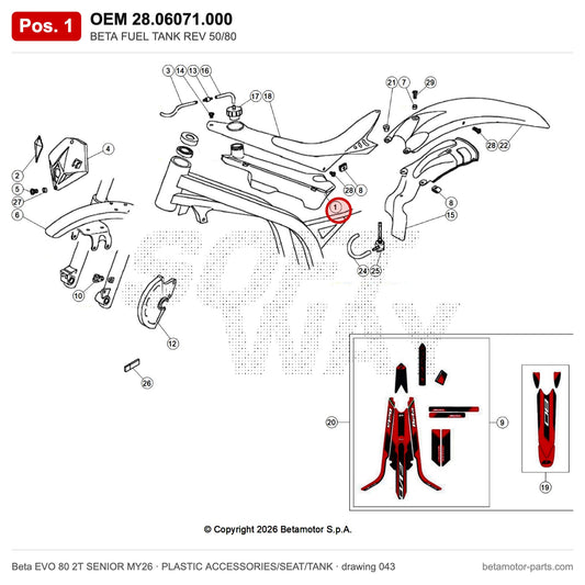 BETA FUEL TANK REV 50/80 – OEM 28.06071.000, position 1 on the Beta EVO 80 2T SENIOR MY26 plastic accessories/seat/tank drawing