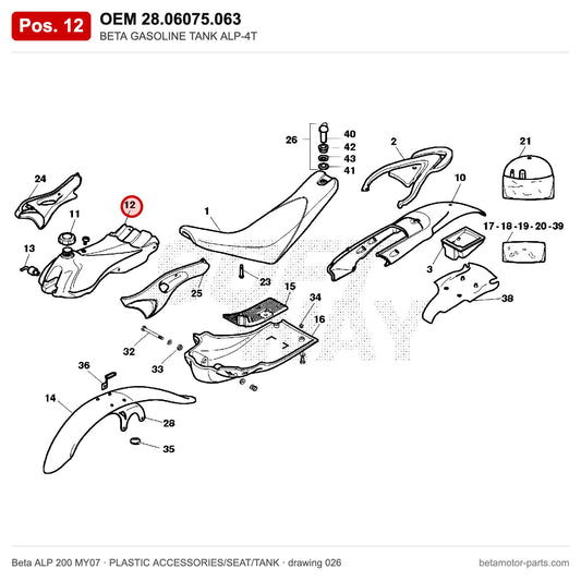 BETA GASOLINE TANK ALP-4T – OEM 28.06075.063, position 12 on the Beta ALP 200 MY07 plastic accessories/seat/tank drawing
