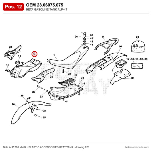 BETA GASOLINE TANK ALP-4T – OEM 28.06075.075, position 12 on the Beta ALP 200 MY07 plastic accessories/seat/tank drawing