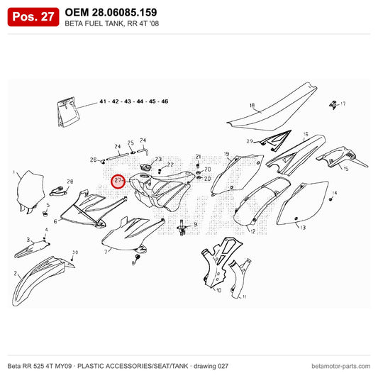BETA FUEL TANK, RR 4T '08 – OEM 28.06085.159, position 27 on the Beta RR 525 4T MY09 plastic accessories/seat/tank drawing