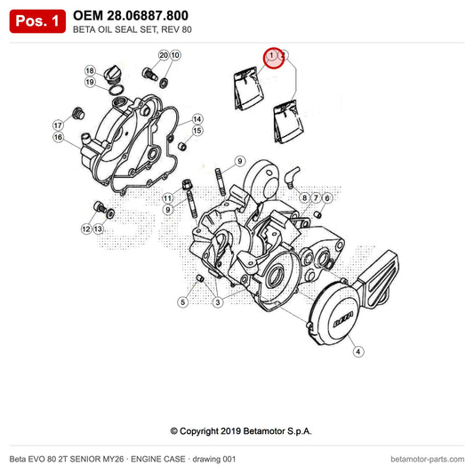 BETA OIL SEAL SET, REV 80 – OEM 28.06887.800, position 1 on the Beta EVO 80 2T SENIOR MY26 engine case drawing