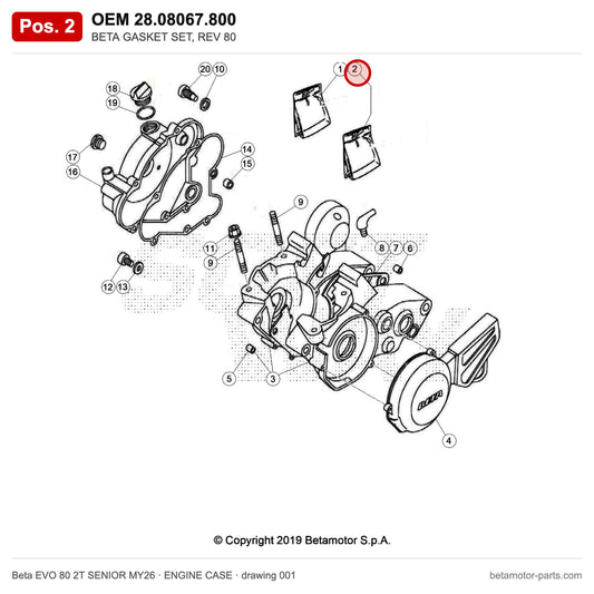 BETA GASKET SET, REV 80 – OEM 28.08067.800, position 2 on the Beta EVO 80 2T SENIOR MY26 engine case drawing