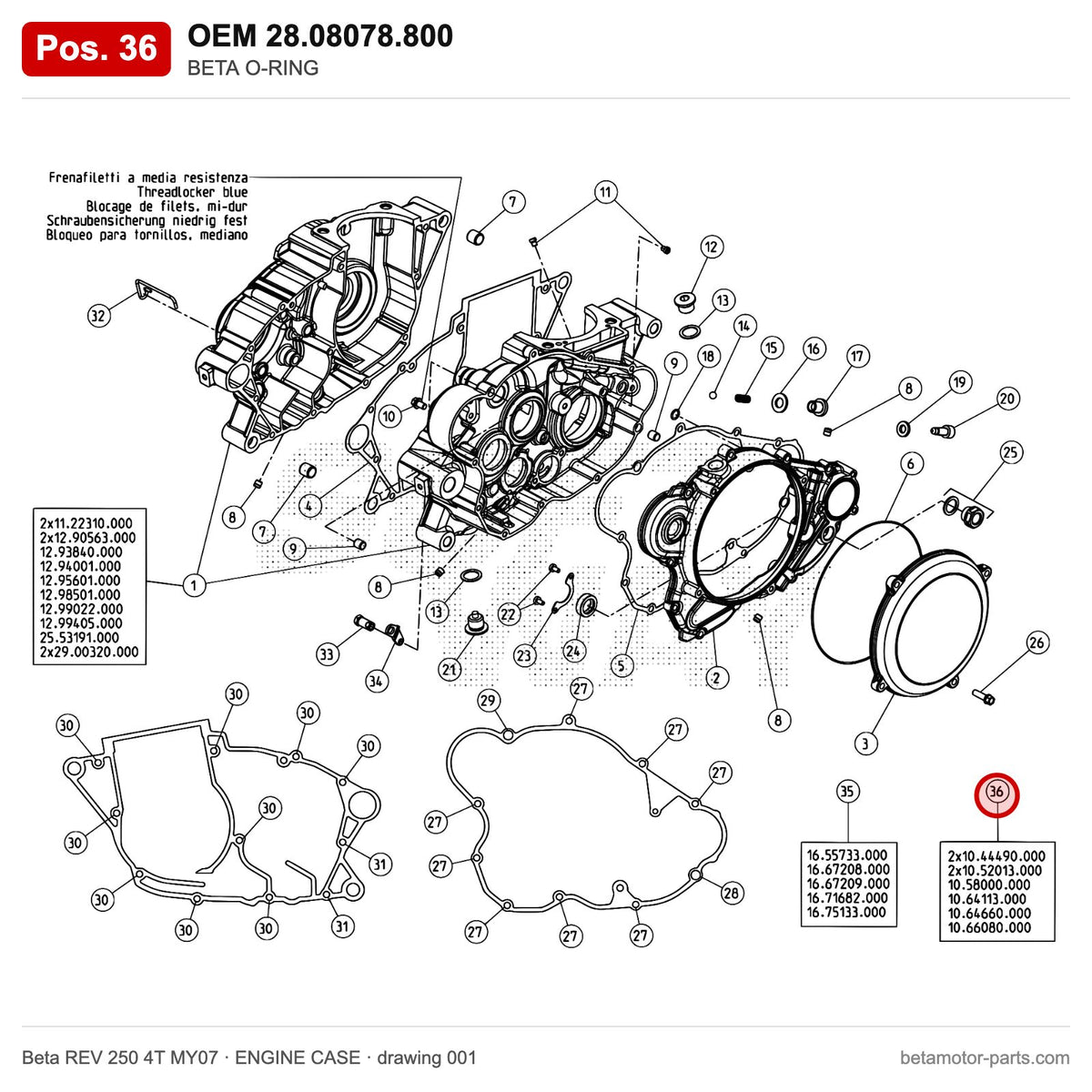 BETA O-RING – OEM 28.08078.800, position 36 on the Beta REV 250 4T MY07 engine case drawing