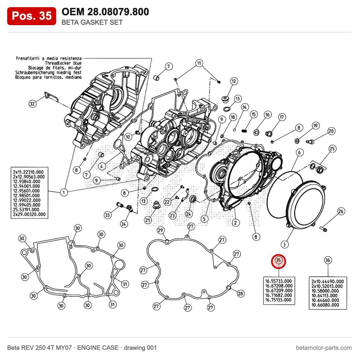BETA GASKET SET – OEM 28.08079.800, position 35 on the Beta REV 250 4T MY07 engine case drawing
